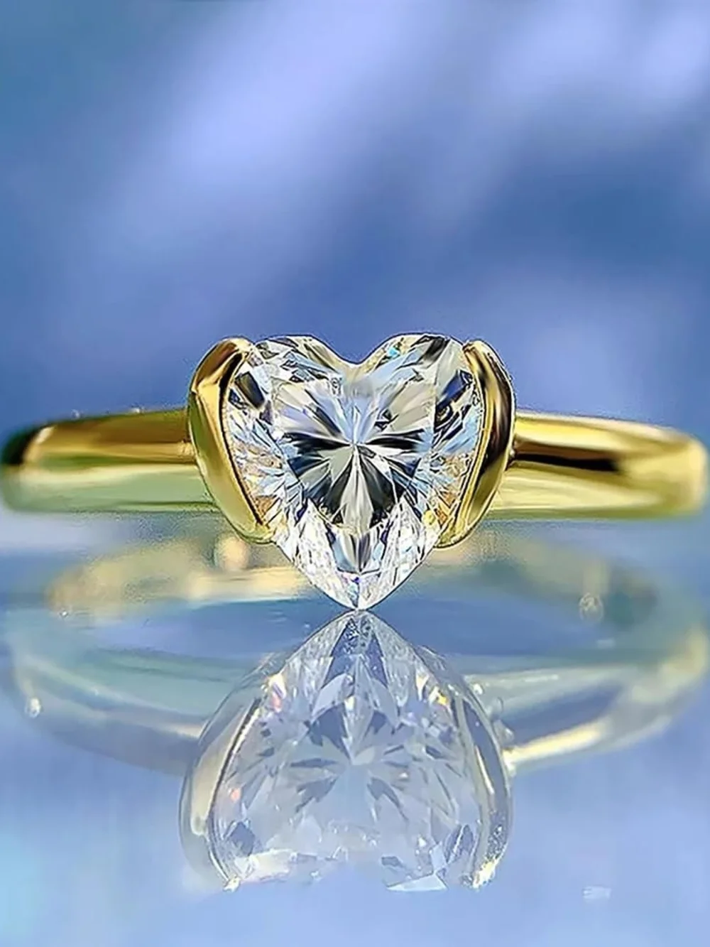 Gold Tone Heart Solitaire Ring with Tension Set CZ Size 6 NIB